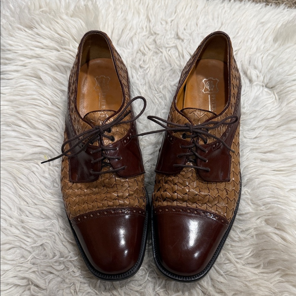 Peter Huber Oxford Woven Leather Cap Toe Made In Spain Men's 9.5M Tan/Brown